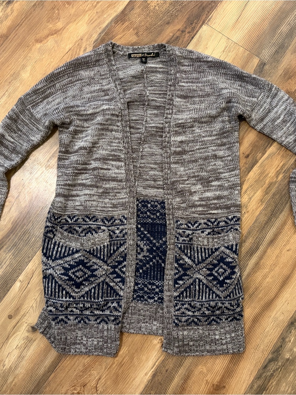 Gypsies & Moondust Taupe and Navy Open-Front Patterned Cardigan